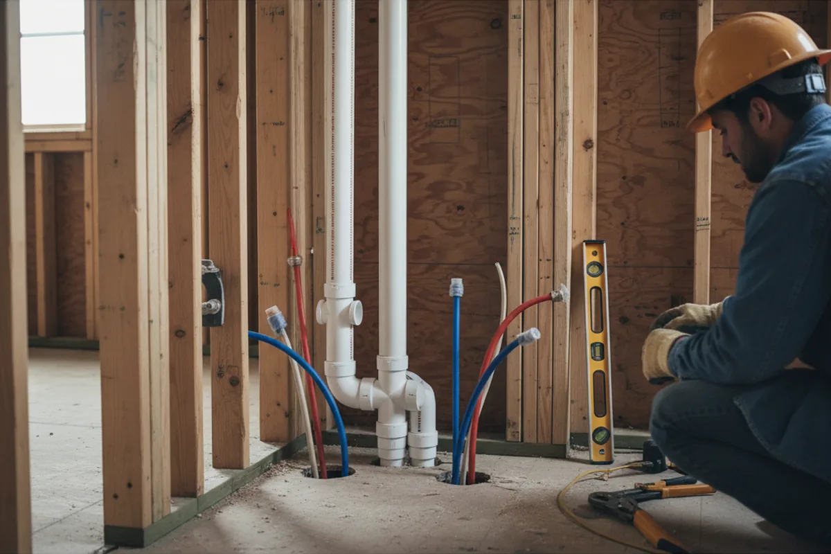 Drain and supply rough-in during Sump Pump Repair in Perkins